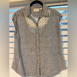 Maeve Blue and White Striped Blouse with Lace Detail